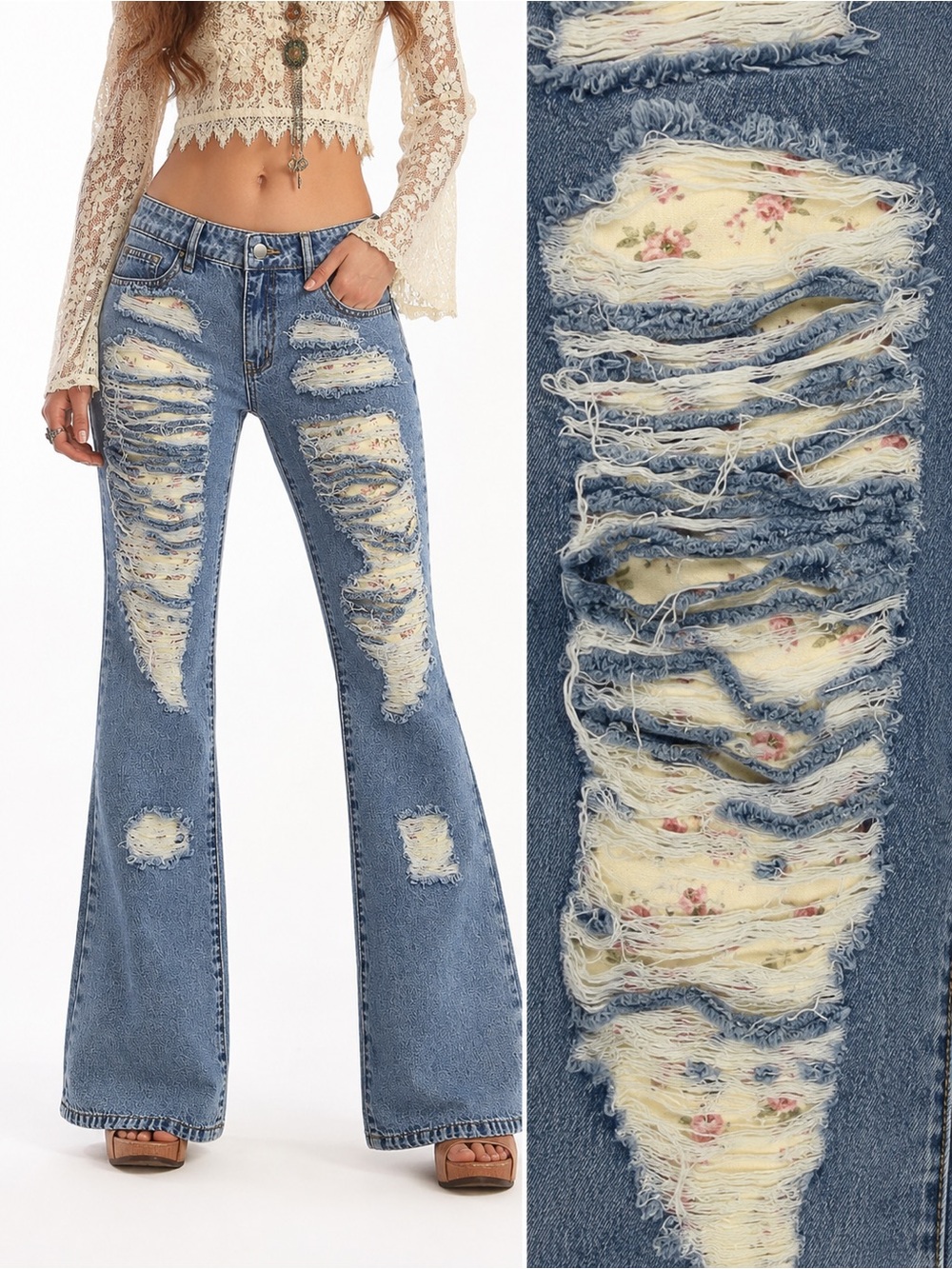 REHAB Distressed Floral Patchwork Wide Leg Denim Jeans High Rise Blue Size 26/S